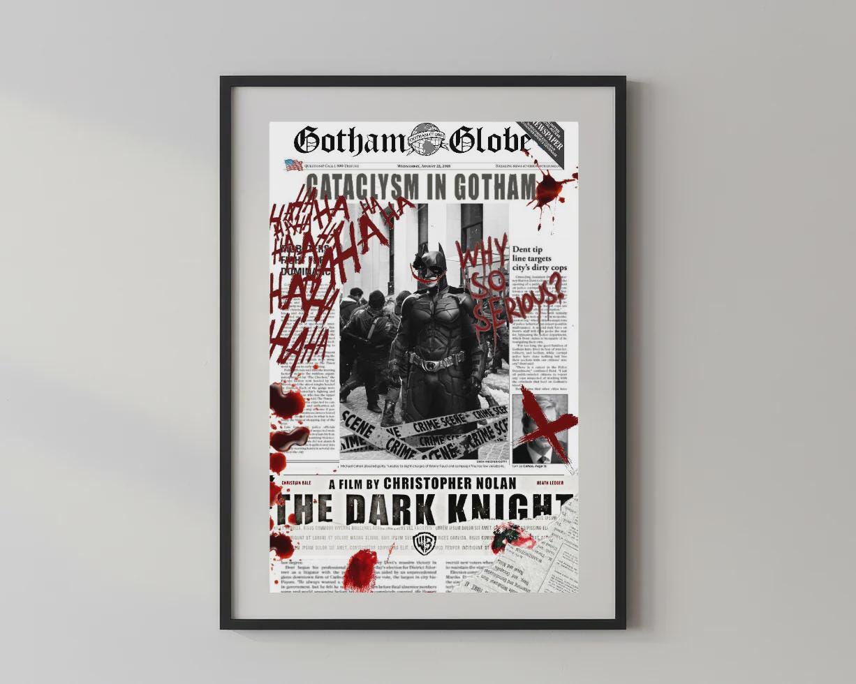 Wandbild - Batman Gotham Wanddekoration Alpacino für Schlafzimmer Wohnzimmer Pop Art Newspaper Poster Accessoire Movie Geschenkidee __etsy:8156291275