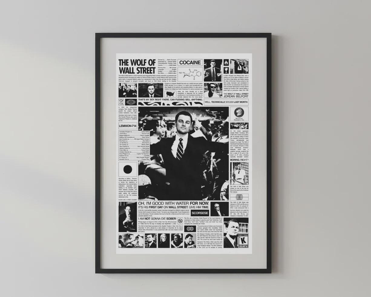 Wandbild - The Wolf of Wall Street Wanddekoration Alpacino für Schlafzimmer Wohnzimmer Pop Art Newspaper Poster Accessoire Movie Geschenkide __etsy:8161686913